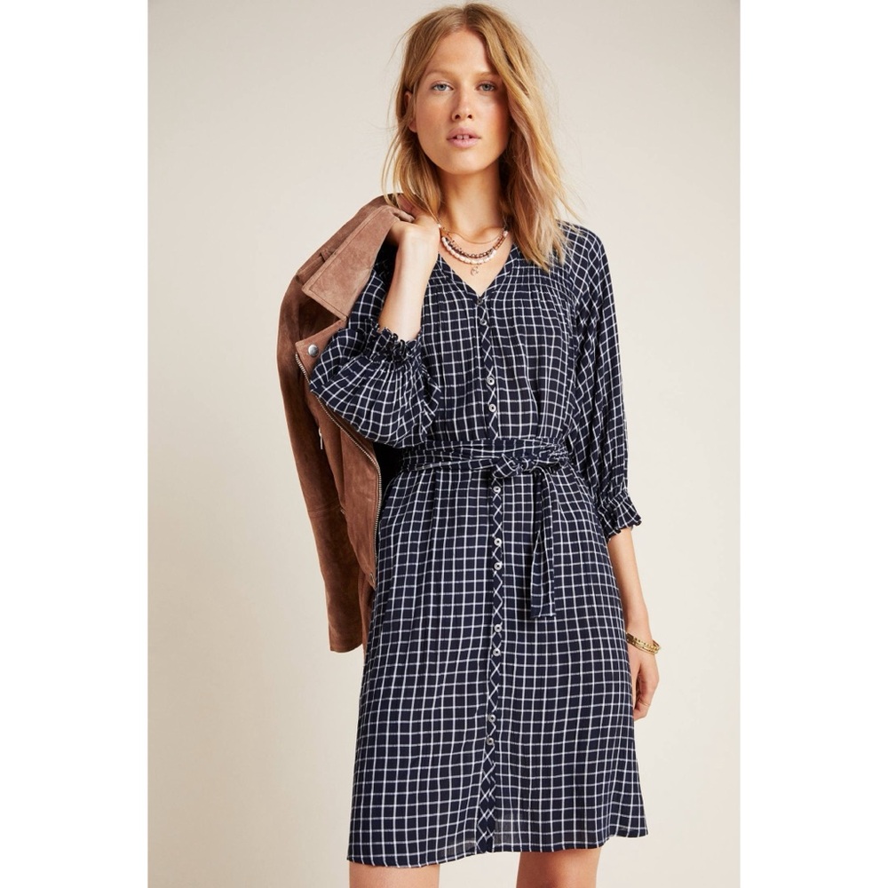 Anthropologie Maeve Sara‎ Smocked Shirt Dress Navy Blue Plaid Button Down XS - Picture 10 of 13